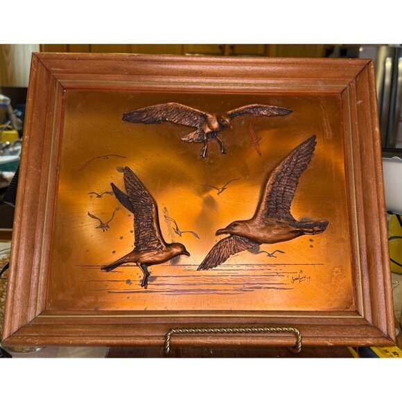 Retro John Louw 3D Copper Bronze Gold Flying Seagulls Sea Side Wall Art Framed - Picture 1 of 10